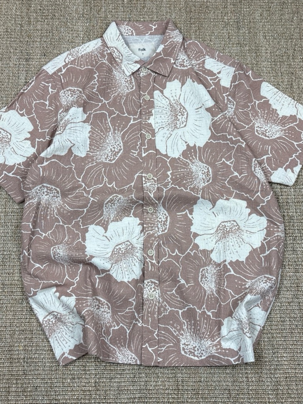 Folk Floral Button Down Shirt Men's Large Brown Cotton Short Sleeve